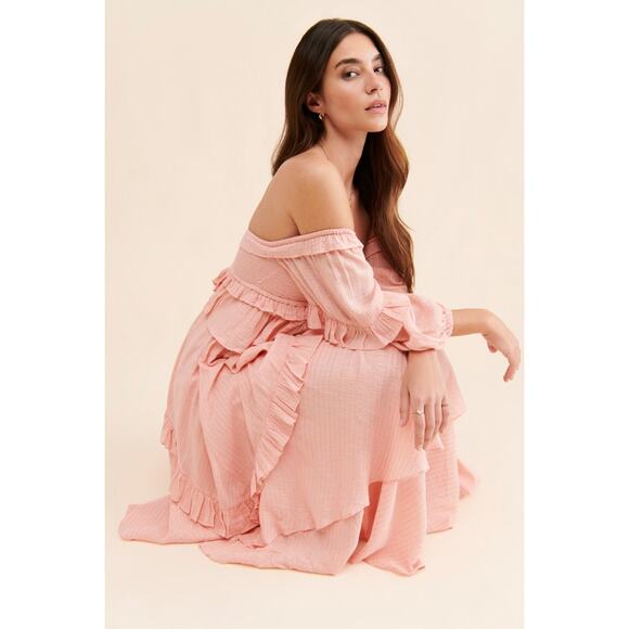 Free People x Spell Clementine Mermaid Maxi Dress $299 XS Pink SMOCKED Ruffled - Picture 5 of 8